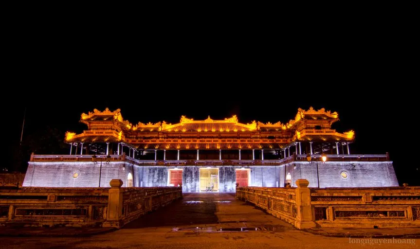 The Meridian Gate of Huế’s Imperial City lit up at night
